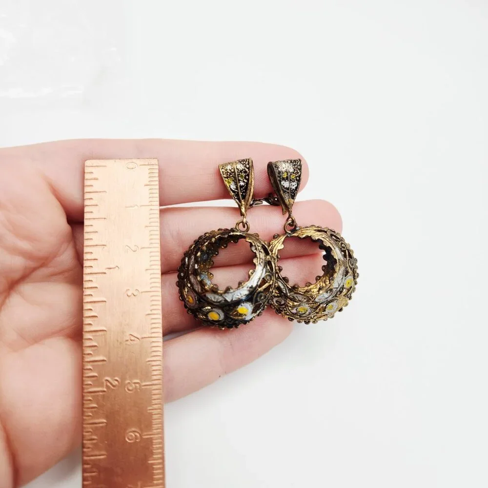 Vintage Damascene Enamel Aged Filigree Bronze Metal Clip On Drop Dangle Earrings - Picture 4 of 4